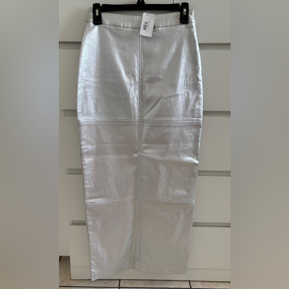 Silver Metallic Faux Leather Maxi Skirt - Side Zip & Back Slit - Size S